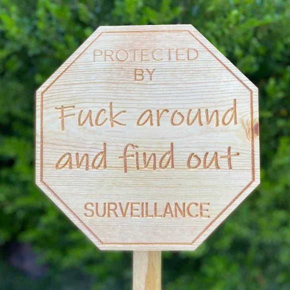 Wooden F Around and Find Out Surveillance Yard Sign - Picture 2 of 3